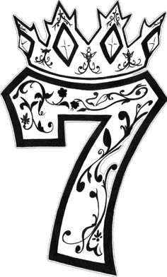 the number seven in black and white with a crown on it's head, as if