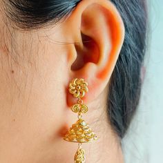 This is a beautiful 22k Real Gold pair of jhumka Earrings .  This is the perfect gift for mom, wife, fiancée, girlfriend, valentine, daughter, family or friend. It is a special gift for mother's day, valentine's day, wedding, anniversary, birthday, Christmas, Easter, New Year's and any holiday. 1. Material Details ✫ Gold : 22K (Real Gold) ✫ Gold Color Options: Yellow Gold ✰ Shape: floral ✰ Color: Yellow ✰ Weight: 9.301 grams approx. Terms & Conditions If there is any change. We request buyer to please inform us before item is shipped. After shipping we cannot accept any changes. Luxury Yellow Gold Jhumkas For Festivals, Luxury Yellow Gold Jhumkas As Gift, 22k Gold Meenakari Earrings For Navratri, 22k Gold Chandbali Jhumkas For Festive Occasions, Gold Jhumkas For Puja And Festive Occasions, Festive Gold Jhumkas For Puja, Festive 22k Gold Jhumkas With Latkans, 22k Gold Chandbali Danglers With Latkans, 22k Gold Temple Jewelry Bridal Earrings With Latkans