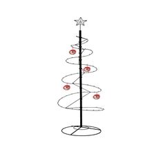 a metal christmas tree with red balls on it's top and a star hanging from the top