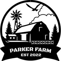 the logo for parker farm est 2092, which is located in front of a barn and windmill