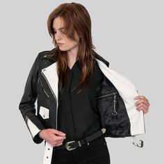 Commando - Black and White | Straight To Hell Apparel White Fitted Edgy Outerwear, White Leather Jacket, White Leather, Bomber Jacket, Leather Jacket, Slim Fit, Relaxed Fit, Black And White, Leather