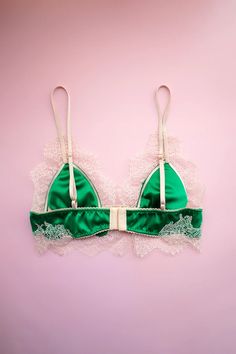 Ophelia Appliqué Bralette Emerald Green – Elma Lingerie Party Satin Bra With Removable Pads, Green Lace Bra With Padded Cups, Green Lace Bra With Lace Trim, Green Lace Party Bra, Party Bra With Contrast Lace And Fitted Stretch, Party Bra With Contrast Lace And Fitted Design, Party Bra With Contrast Lace, Elegant Green Bra With Lace Trim, Elegant Green Lace Bra