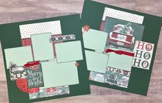 two scrapbook pages with christmas cards on them, one is green and the other is red