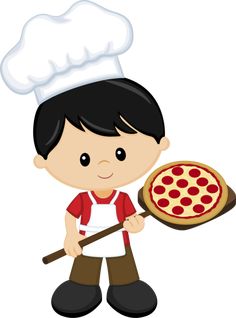 a boy holding a pizza on a spatula and wearing a chef's hat