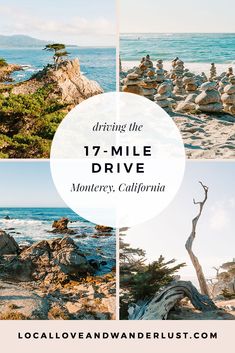 the beach with rocks and trees in front of it that says driving the 17 - mile drive