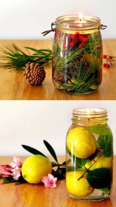 two pictures of lemons and pine cones in a jar with candles on the table