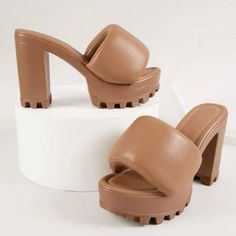 Peep Toe Platform Sandal Heels Tan/Brown Padded And Comfortable New With Originally Packaging. Never Worn Shein Shoes, Mule Heels, High Heel Mules, Heel Mules, Sandal Heels, Platform Sandals Heels, Slide On, Slides Shoes, Platform Heels