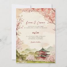 $2.77 | Japanese Traditional Landscape Wedding Invitation #japan, japanese, cherry blossom, sakura, generativecontent, asian, spring, japanese art, wedding, invitation Japanese Invitation Card, Japanese Wedding Invitation, Sakura Wedding Invitation, Japanese Invitation, Japan Theme, Wedding Asian, Sakura Wedding, Japan Watercolor, Cherry Blossom Wedding Invitations