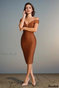 Olivia Mark - Elegant Coffee Sleeveless Bandage Dress - Fashionable Collar-neck Party Dress Sleeveless Bandage Dress For Formal Occasions, Formal Sleeveless Bandage Dress, Sleeveless Bandage Dress For Formal Parties, Sleeveless Bandage Dress For Party Season, Sleeveless Bandage Bodycon Dress For Formal Occasions, Fitted Brown Midi Dress For Party, Brown Knee-length Midi Dress For Parties, Elegant Sleeveless Bandage Dress, Brown Strapless Stretch Dress