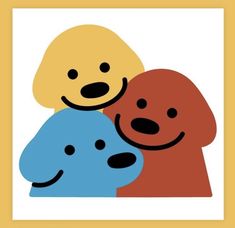 two dogs are hugging each other with their faces painted yellow and blue, while the dog's nose is smiling