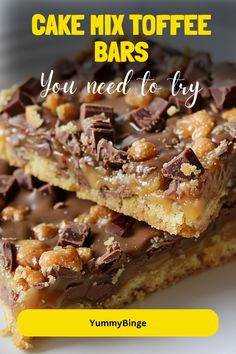 These Cake Mix Toffee Bars are a quick and simple dessert that combines the best of sweet, buttery toffee and rich chocolate in every bite… Squares Recipes Easy, Toffee Gooey Butter Cake, Cake Mix Toffee Cookies, Miracle Bars Recipe, Easy Bars To Make, Caramel Toffee Bars, Cookie Bars Made With Cake Mix Boxes, Cake Mix Toffee Bars Condensed Milk, Dessert Recipes Using Cake Mixes