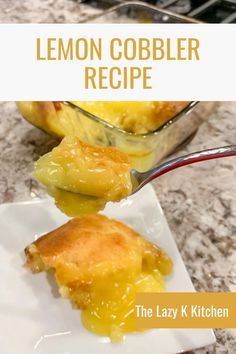 lemon cobbler recipe on a white plate with a spoon and glass dish in the background