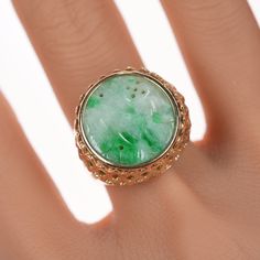 sz9.5 vintage 14k carved Jadeite ring 21mm face, jade likely 20mm.   Possibly an older/antique Jadeite piece made into a ring. Vintage Round Jade Rings, Vintage Carved Green Ring, Vintage Green Carved Ring, Jadeite Ring, Jade Jewelry, Austin Tx, Rings Statement, Statement Rings, Austin