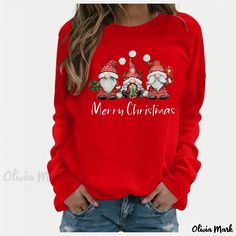 Olivia Mark - Fashionable Digital Print Long Sleeve Sweatshirt with Cartoon Round Neck Pullover for Christmas Ladies Christmas Tops, Womens Christmas Jumper, Cardigan Plus Size, Christmas Outfits Women, Pullover Designs, Look Casual, Print Pullover, Pullover Sweatshirts, Casual Sweatshirt