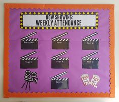 a purple bulletin board with movie themed stickers on it that says now showing weekly attendance