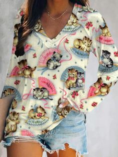 Retro Cat Print V-Neck Long Sleeve T-Shirt,Come to wonderclosets to Find your Favorite. Casual Long Sleeve Tops With Cat Design, Spring Funny Print Long Sleeve Tops, Spring Long Sleeve Tops With Funny Print, White Long Sleeve T-shirt With Cat Design, Cute V-neck Top With Graphic Print, Casual Long Sleeve Top With Cat Print, Casual Tops With Cat Design For Fall, Casual Cat Design Tops For Fall, Casual Fall Tops With Cat Design