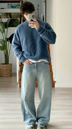 Outfit Guys Aesthetic, French Fits, Blue Jeans Outfit Men, Male Fits, Thrifted Outfit, Jeans Outfit Men, Blue Jean Outfits