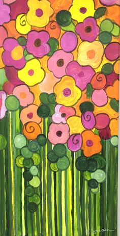 an abstract painting with flowers on it