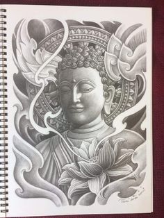 a drawing of a buddha with flowers in front of it