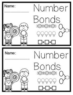 two worksheets with numbers and symbols for children to practice the number bonds game