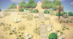 a painting of a wooden bridge in the middle of a field with flowers and trees