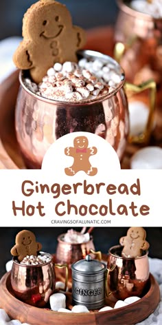 gingerbread hot chocolate in a copper mug with marshmallows on the side