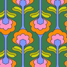 an abstract floral design in pink, orange and blue on a green background with swirls