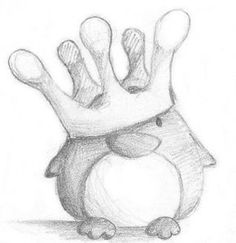 a pencil drawing of a penguin with a crown on it's head and hands in the air