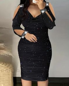 Peilia - Stylish Rhinestone-Embellished Cold Shoulder Party Dress for Plus Size Women Party Dress For Plus Size, Dress For Plus Size Women, Dress For Plus Size, فستان سهرة, Black Bodycon Dress, Mid Length Dresses, Dress 100, Flowing Maxi Dress, Glamorous Evening Gowns