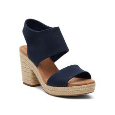 TOMS-Majorca Espadrille Platform Sandal - Women's Rock your summer look with the Toms Majorca espadrille platform sandal. This heeled sandal flaunts a breathable cotton upper, jute-wrapped midsole and high-rebound OrthoLite footbed for the perfect blend of style and comfort. Casual Straw Sandals With Stacked Heel, Navy Sandals For Summer Beach Season, Espadrille Heels With Heel Strap For Beach, Navy Open Toe Sandals With Cushioned Footbed, Casual Straw Heels With Heel Strap, Navy Sandals With Removable Insole For Summer, Navy Round Toe Sandals With Cushioned Footbed, Navy Cushioned Sandals For Summer, Navy Sandals For Beach In Spring