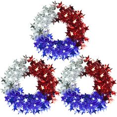 three red, white and blue stars are arranged in the shape of a wreath on a white background