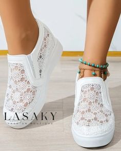 Lasaky - Elevated Wedding Bridal Sneakers with Hidden Wedge and Contrast Lace White Wedge Heel Sneakers For Summer, White Wedge Sneakers For Summer, White Wedge Sneakers With Round Toe For Summer, Summer White Wedge Sneakers With Round Toe, White Wedge Sneakers For Spring, White Wedge Heel Sneakers For Spring, Spring White Wedge Heel Sneakers, White Slip-on Wedge Sneakers For Spring, White Sneakers For Summer Parties