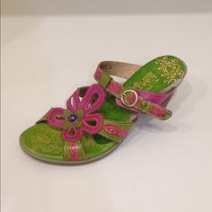 L Artiste Lime Green And Hot Pink Flower Tooled Leather Sandal With An Adjustable Buckled Strap Green Round Toe Sandals For Spring, Closed Toe Green Sandals For Spring, Green Closed Toe Sandals For Spring, Spring Floral Print Closed Toe Sandals, Leather Sandals With Floral Print And Round Toe, Spring Green Sandals With Heel Loop, Pink Flower Sandals For Summer, Pink Flower-shaped Sandals For Summer, Pink Floral Print Sandals For Spring