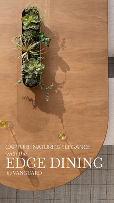 a wooden table topped with a potted plant