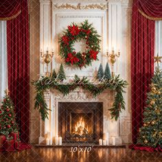 a fireplace decorated for christmas with wreaths and candles