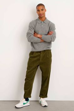 Running Sneakers Outfit, Green Khaki Pants, Corduroy Pants Outfit, Green Corduroy Pants, Pleated Pant, Knit Polo Shirt, Safari Shirt