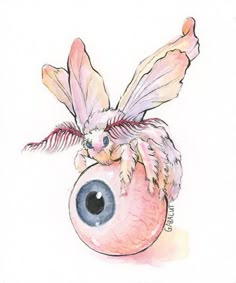 a drawing of a pink bird with wings on its head and an eyeball in it's beak