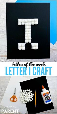 the letter t made out of marshmallows is shown with scissors and glue