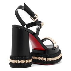 Black leather platform sandals from Christian Louboutin. The Superaclou sandals are made of black leather, featuring gold-tone spikes on the platform sole and ankle strap. It has a rounded open toe with a 50mm platform, set on a chunky heel measuring 130mm.Signature red leather soleTrue to sizeMade in Italy Dressy Hats, Leather Platform Sandals, White Shoes, Chunky Heels, Types Of Shoes, Platform Sandals, Black Sandals, Red Leather, Open Toe