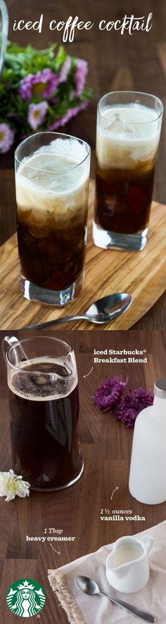 two glasses filled with liquid sitting on top of a wooden table next to a cup