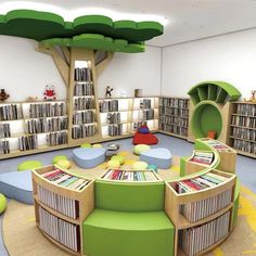 the children's library has many bookshelves and circular seating areas for reading