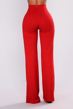 Victoria High Waisted Dress Pants - Ruby Non-stretch Red Pants, Red High Waist Wide Leg Pants For Night Out, Red Solid Long Pants, Red Solid Color Bottoms For Fall, Red Solid Color Long Pants, Red Stretch Wide Leg Full-length Pants, Non-stretch Red Bottoms, Fitted Red Wide Leg Pants, Elegant Red Stretch Wide Leg Pants