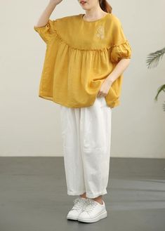 Organic Yellow Embroideried Cinched Cotton Shirt Summer - SooLinen Lawn Tops Design, Over Sized Shirts Outfit For Women, Oversized Embroidered Summer Blouse, Relaxed Fit Short Sleeve Smocked Blouse, Casual Yellow Smock Top, Relaxed Fit Short Sleeve Smock Blouse, Relaxed Fit Smocked Top For Summer, Relaxed Fit Smock Top With Short Sleeves, Summer Smocked Top With Relaxed Fit