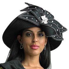 Introducing the Lily And Taylor H392-BLK Church Hat, a stunning accessory designed to complete your ensemble for any notable event. This hat showcases impeccable craftsmanship paired with a classic sense of style. Constructed from high-quality materials, it promises both resilience and comfort, allowing for repeated use at various gatherings, from church services to weddings. The hat features an eye-catching arrangement of faux pearl and shimmering rhinestone embellishments that catch the light Black Color Palette, Church Hat, Church Suits, Religious Ceremony, Rhinestone Embellishments, Church Hats, Social Gathering, Outdoor Events, Ice Blue