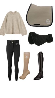 an assortment of equestrian gear including boots, socks and sweater