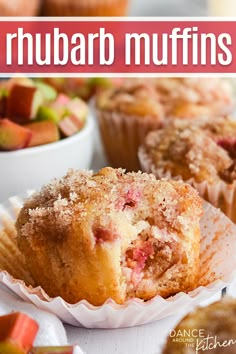 rhubarb muffin with a bite out of it sitting on a muffin liner Rhubarb Crisp Muffins, Old Fashioned Rhubarb Pie, Rubarbe And Strawberry Recipe, Sour Cream Rhubarb Muffins, Rhubarb Cinnamon Muffins, Rhubarb Crumble Muffins, Desserts With Rhubarb, Rhubarb Oat Muffins, Rhubarb Sour Cream Muffins