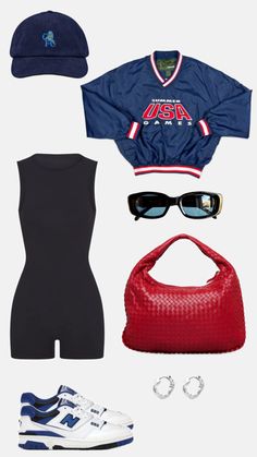 an assortment of clothing and accessories including shoes, sunglasses, baseball cap, jacket, purse