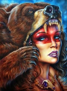 a painting of a woman with her face painted like a bear