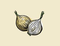 two onions on a beige background, one is cut in half and the other has been drawn