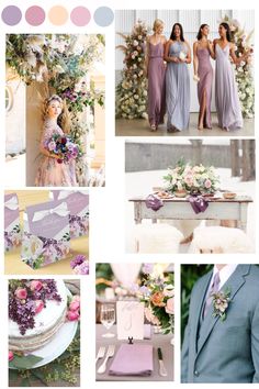 a collage of photos with purple and lavender colors in the theme of this wedding